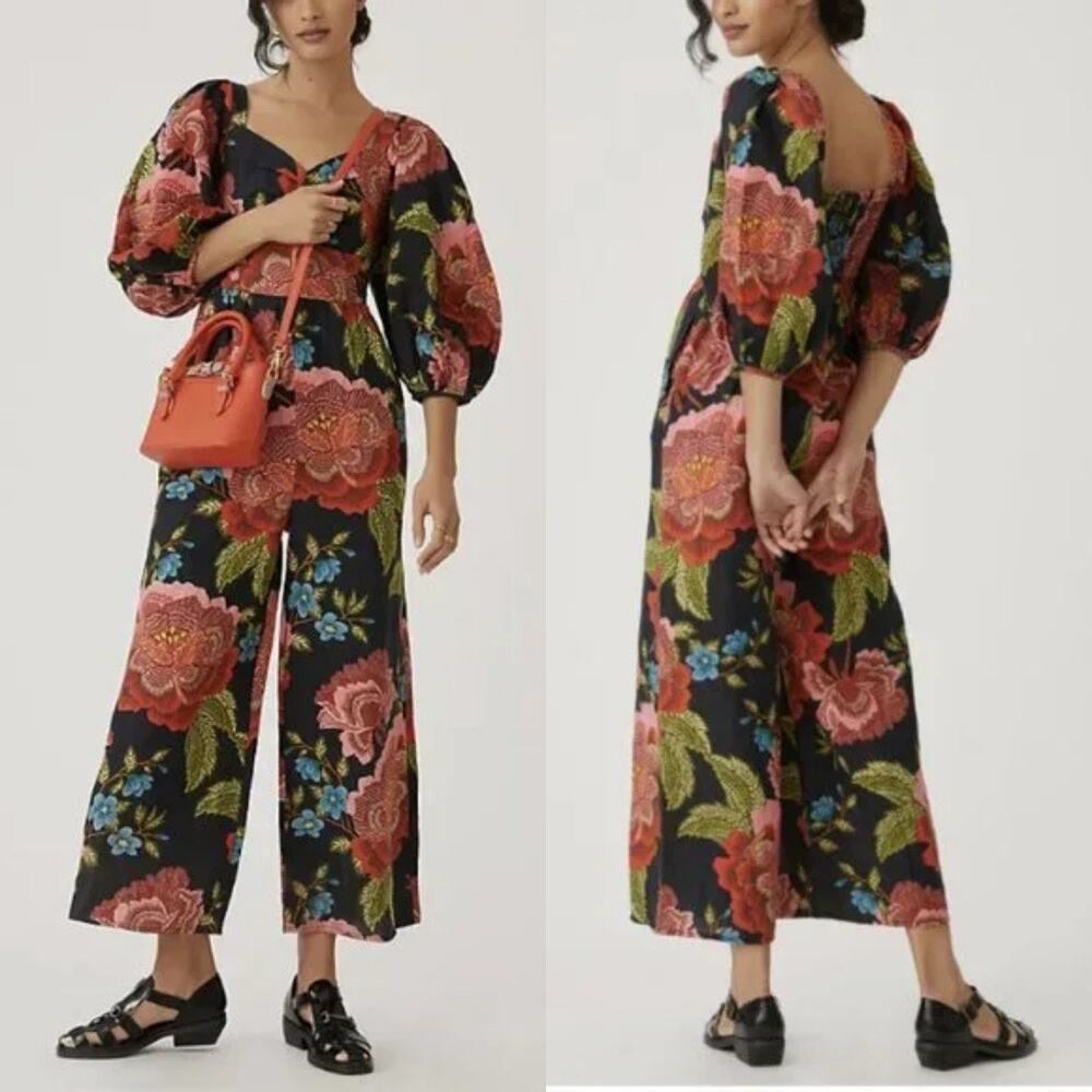 Farm Rio Anthropologie Puff Sleeve Printed Linen Floral Wide Leg Jumpsuit (Sz S)